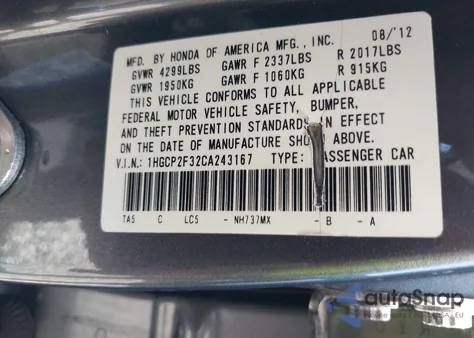 2012 Honda Accord 2.4 Lx z USA, uszkodzony, nr VIN 1HGCP2F32CA243167